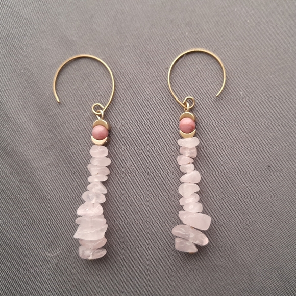 SOLD! Rose Quartz Moon Stack Earrings w/ Rhodochrosite - Picture 2 of 2
